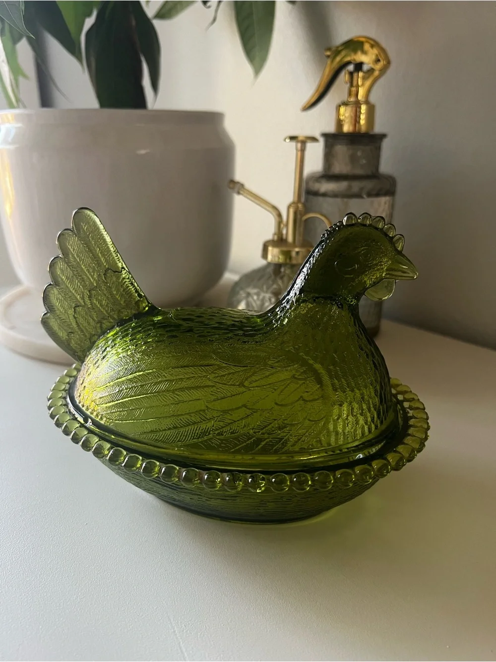 Green Glass Hen Candy Dish - Decorative Home Accent